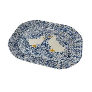 VTG‎ Serving Platter 16" White Ducks Blue Speckle Japan Ceramic Country Decor